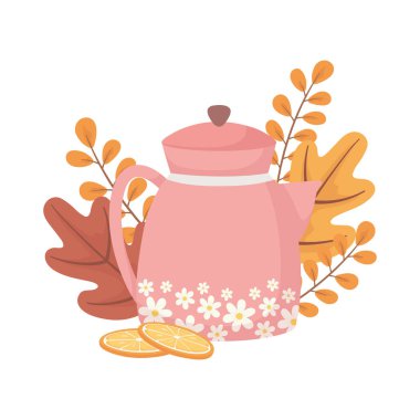 Çay zamanı, çay demliği ve portakal suyu tasarımı.