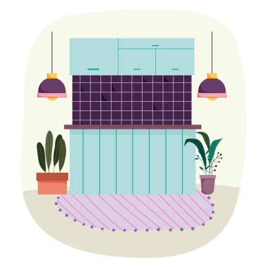 Mutfak iç tavan lambaları halı ve saksı bitkileri tasarımı