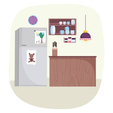 Mutfak iç rafında sofra takımı tavan lambası bıçakları ve buzdolabı tasarımı var.