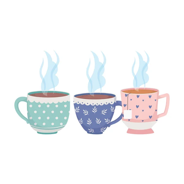 Café, différentes tasses café et thé boisson aromatique fraîche — Image vectorielle
