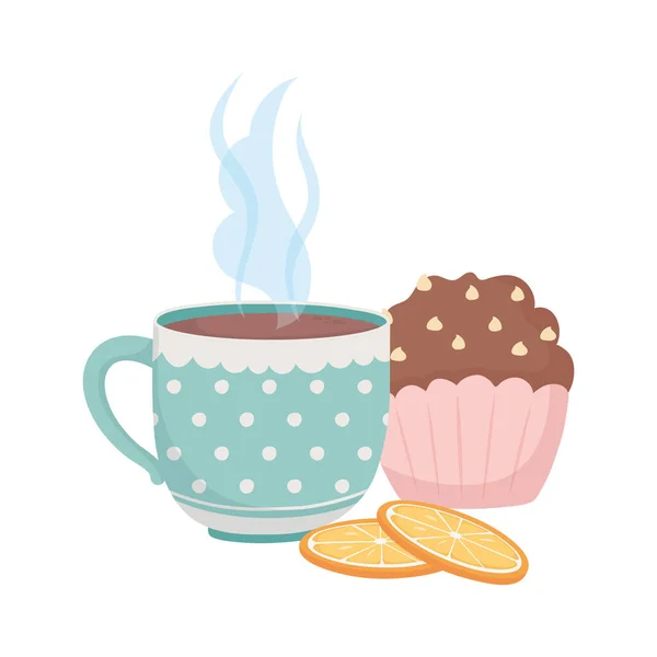 Kávé idő, csésze cupcake és szeletek narancs friss ital — Stock Vector