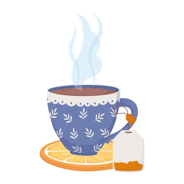 Ora del tè, tazza blu con bustina di tè sulla fetta arancione fresco — Vettoriale Stock