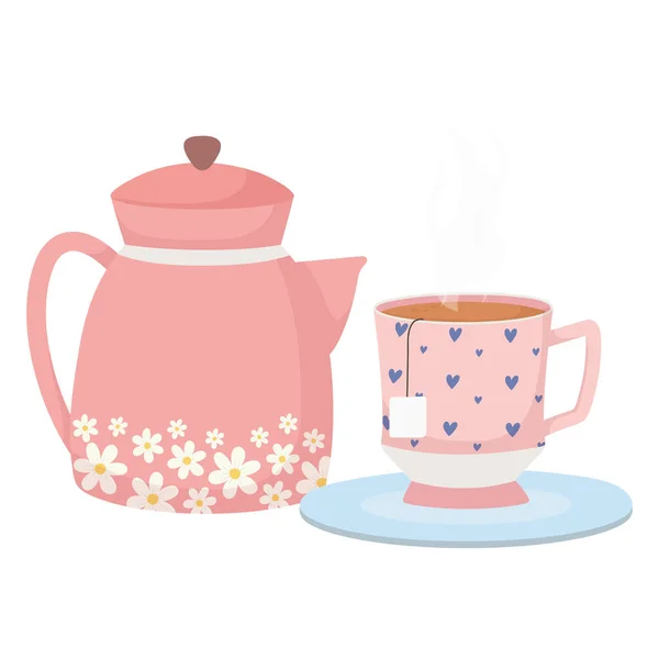 Tea time, decorative hearts in cup and kettle beverage fresh — Stock Vector