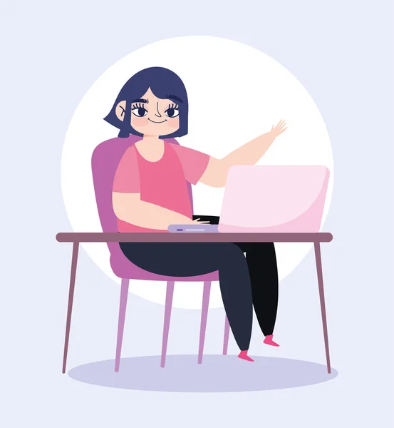 Travail à distance, jeune femme utilisant un ordinateur portable sur le lieu de travail de bureau — Image vectorielle