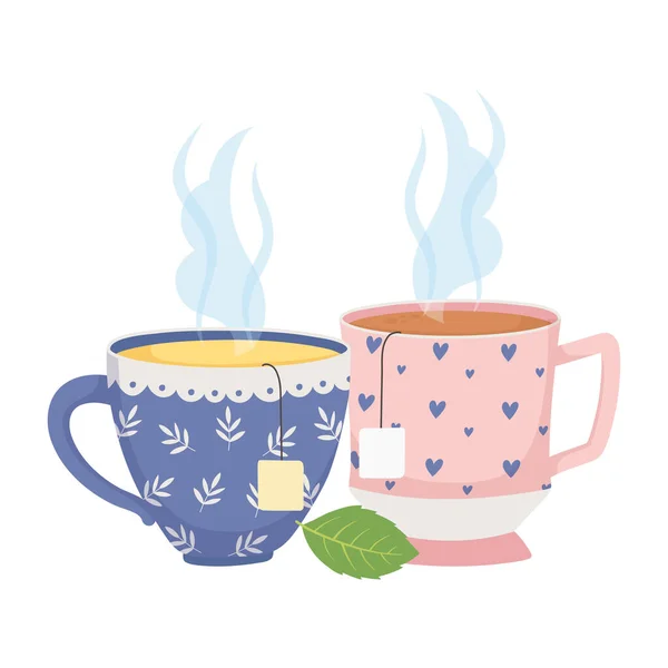 Τσάι χρόνο, φλυτζάνια τσάι με φακελάκια τσαγιού φυτικά φύλλα φρέσκο ποτό — Διανυσματικό Αρχείο