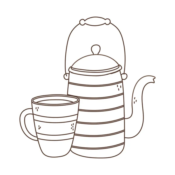 Kávé idő, kávé csésze és vízforraló friss aroma ital lineáris tervezés — Stock Vector