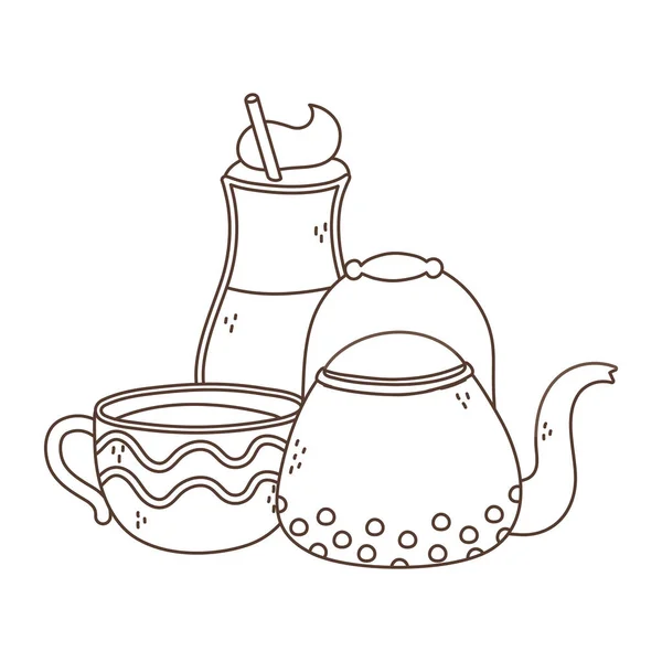 Café temps, tasses hochet et bouilloire arôme frais boisson conception linéaire — Image vectorielle