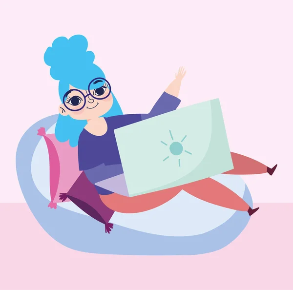 Робота дистанційно, молода жінка сидить на подушках з ноутбуком — стоковий вектор