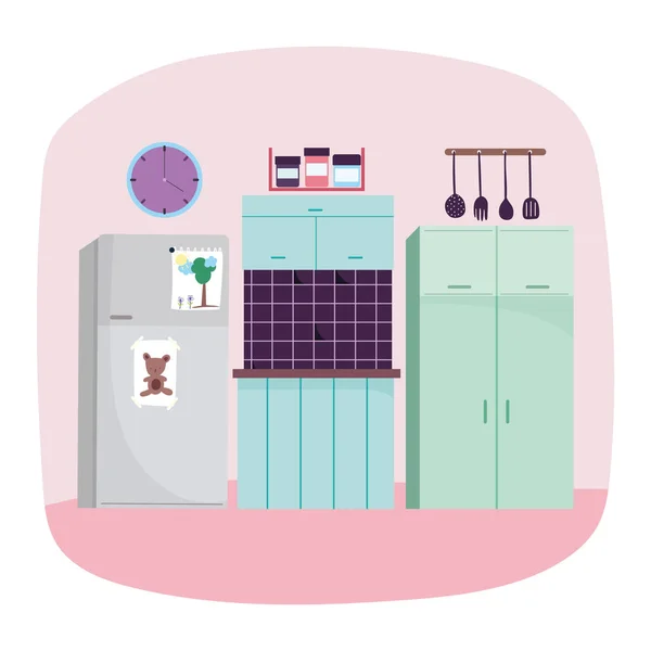Keuken interieur koelkast gebruiksvoorwerpen tegel klok en voedsel klok ontwerp — Stockvector