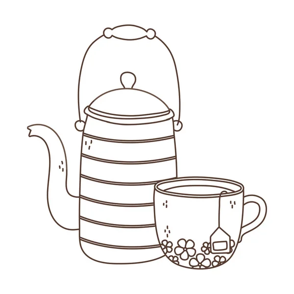 Hora del té, tetera y taza con diseño lineal de bebidas para bolsitas de té — Vector de stock