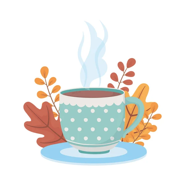 Hora do café e chá, xícara pontilhada no prato com fundo de decoração — Vetor de Stock