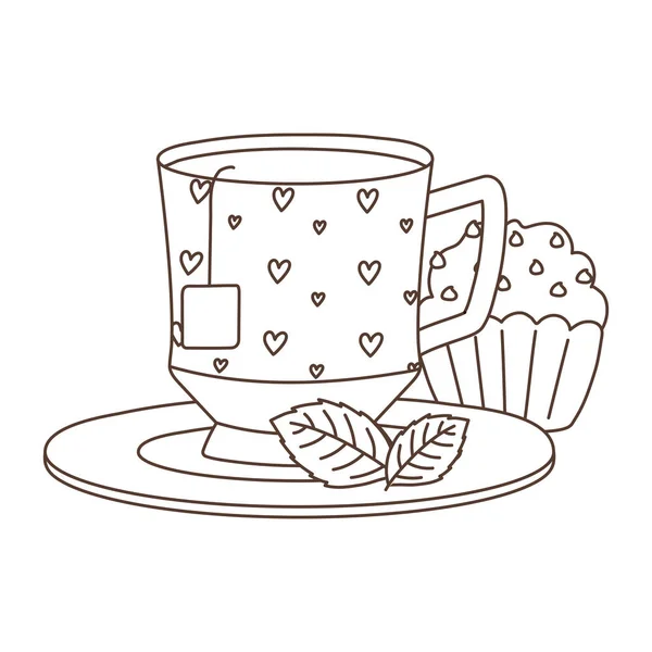 Hora del té, taza y magdalena dulce en el diseño de hojas de menta plato diseño lineal — Vector de stock