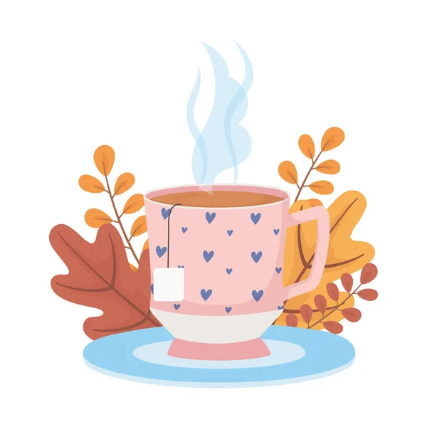 Hora do café e chá, saco de chá de xícara na temporada de folhas de prato —  Vetores de Stock