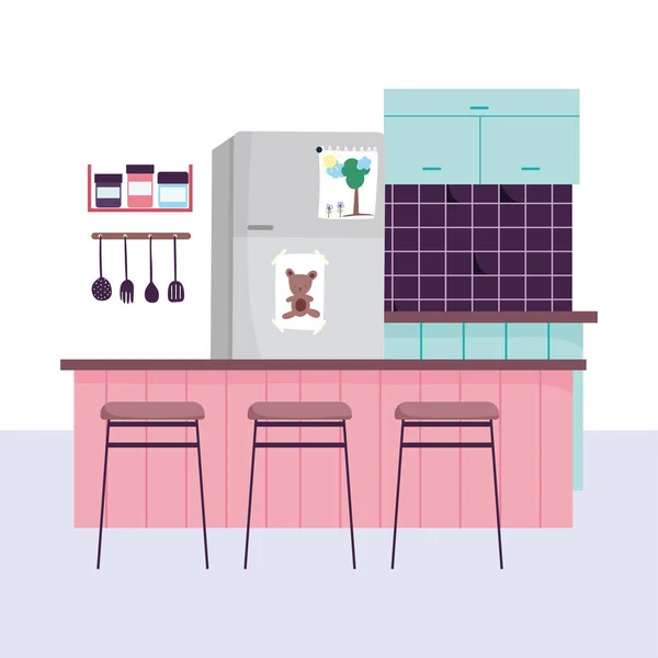 Kücheneinrichtung Kühlschrank Geschirr Gewürze in Regal und Stühle Design — Stockvektor