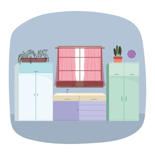 キッチンインテリアシンク家具窓カーテン鉢植えの植物デザイン — ストックベクタ