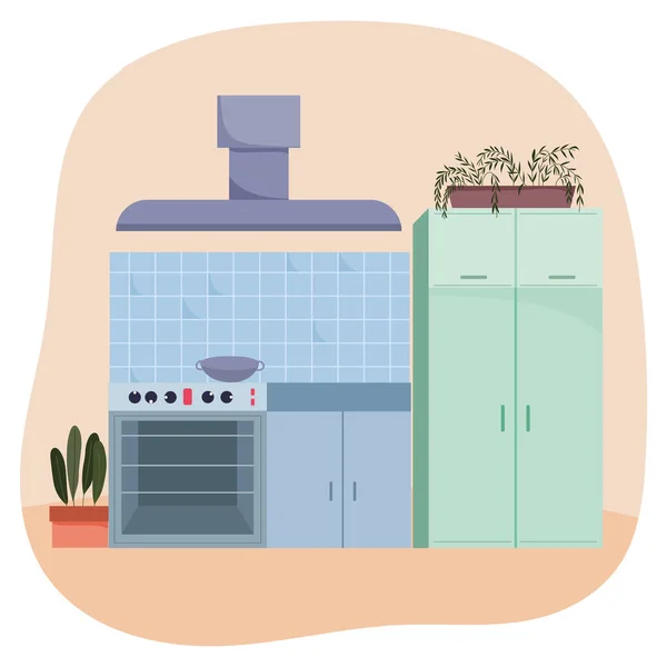 Cucina interno stufa pentola mobili e pianta di design — Vettoriale Stock