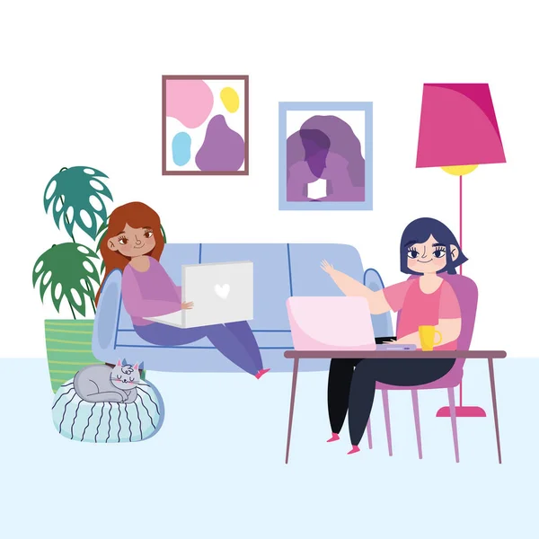 Travail à distance, les jeunes femmes avec ordinateur portable sur canapé chaise bureau maison — Image vectorielle