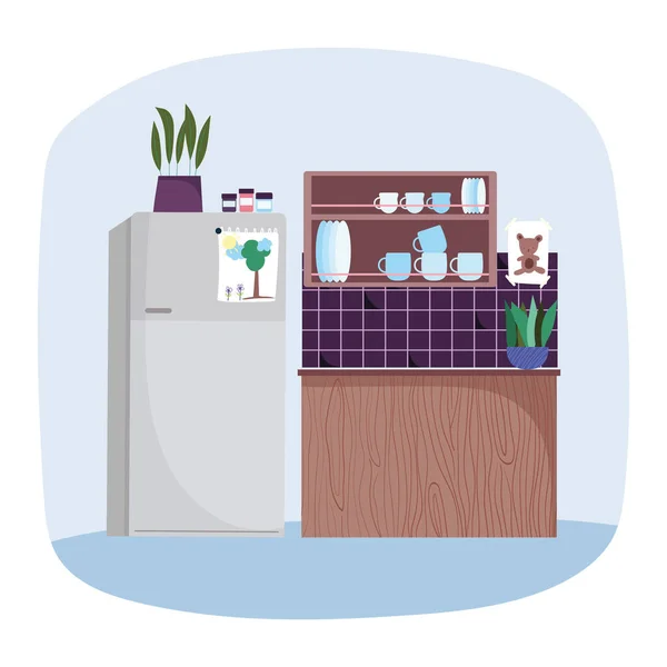 Cuisine intérieur réfrigérateur vaisselle en étagère et plantes design — Image vectorielle