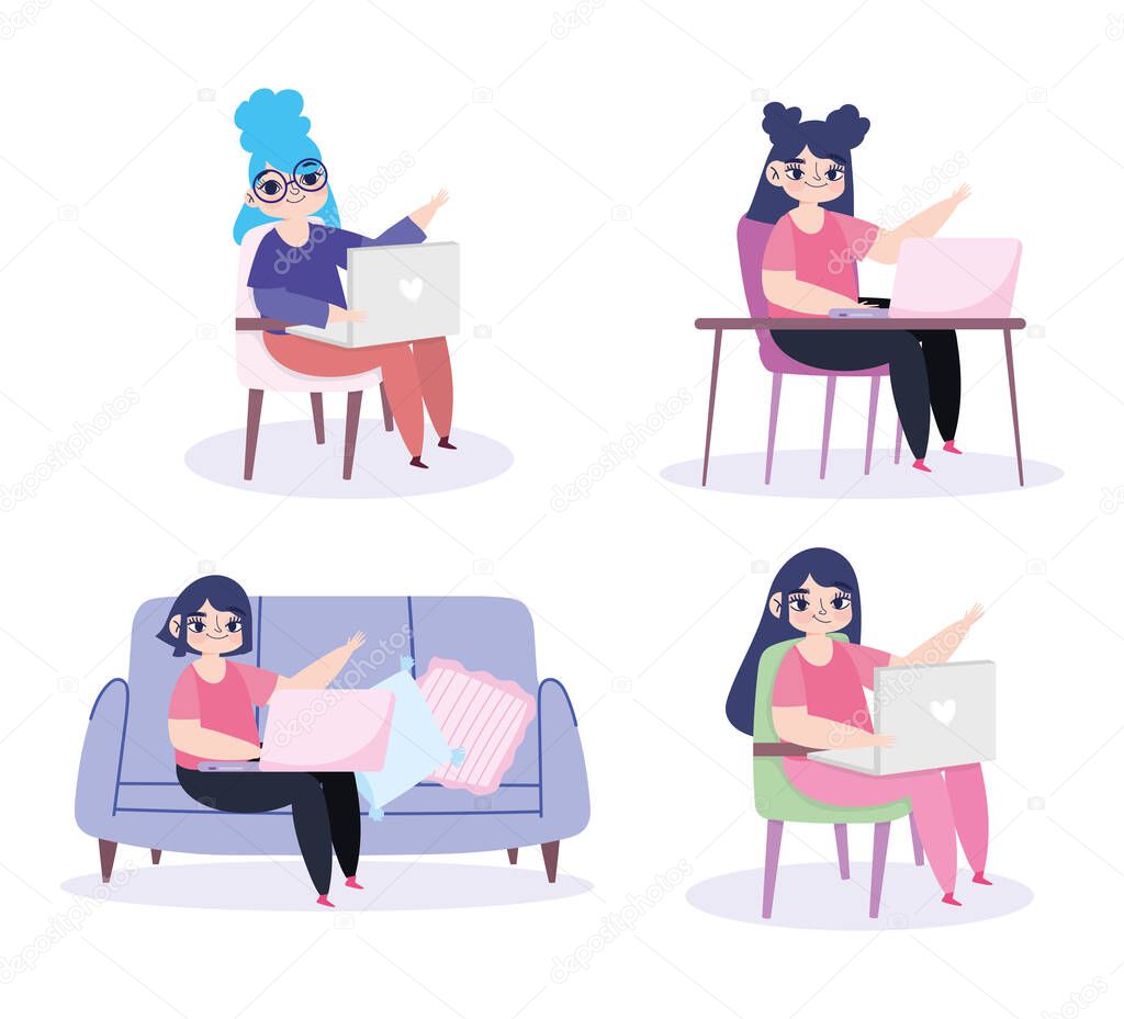 working remotely, women sitting with laptop and computer work