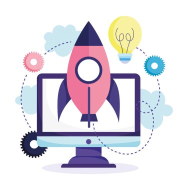 Çevrimiçi eğitim, bilgisayar roket fikri yaratıcılık çalışması dijital