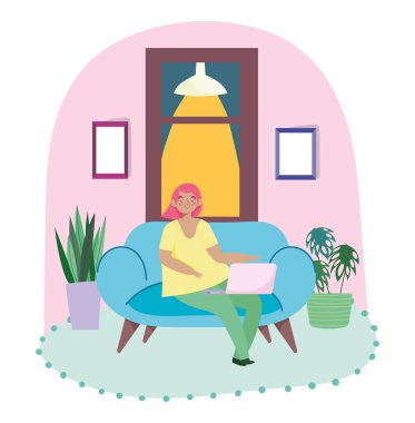 Uzaktan çalışan, dizüstü bilgisayarlı lamba bitkileri ve pencereli genç bir kadın.