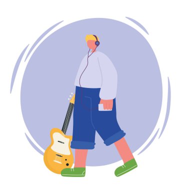 İnsan aktiviteleri, elektro gitarlı genç adam ve müzik dinleyen kulaklıklar.