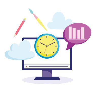 Online eğitim, bilgisayar saati kalem yaratıcılığı