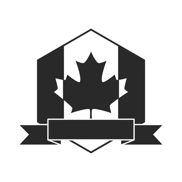 カナダ日、カナダ国旗メープルリーフとリボンのエンブレムシルエットスタイルのアイコン — ストックベクタ