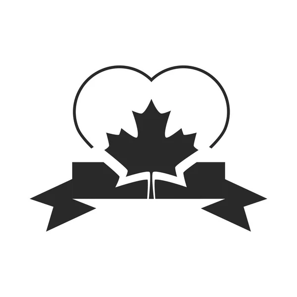 Dia canadense, coração folha de bordo fita decoração silhueta estilo ícone — Vetor de Stock
