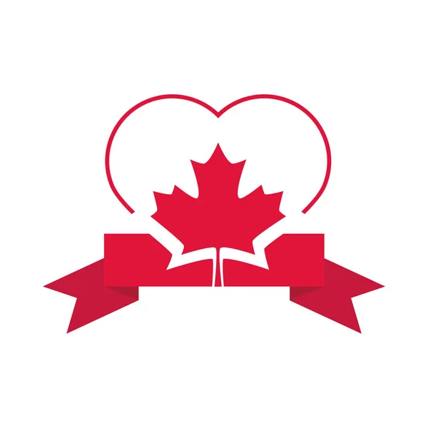 Kanada dzień, serce klon liść wstążka dekoracja płaski styl ikona — Wektor stockowy