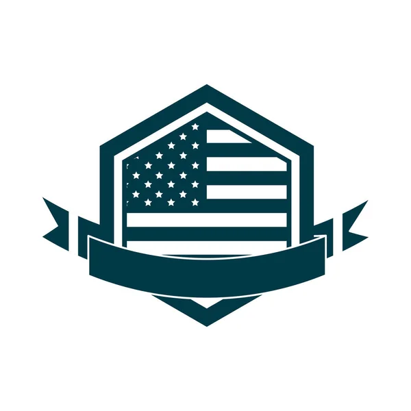 Heureux jour de l'indépendance, drapeau américain bouclier mémorial national bannière silhouette style icône — Image vectorielle