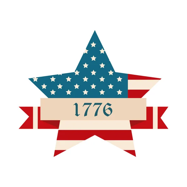 Ευτυχισμένη ημέρα ανεξαρτησίας, αμερικανική σημαία αστέρι σχήμα και κορδέλα διακριτικά επίπεδη στυλ εικονίδιο — Διανυσματικό Αρχείο
