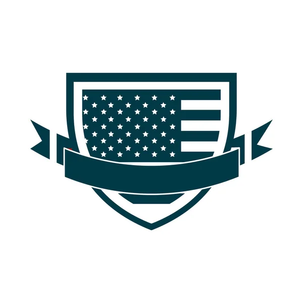 Feliz día de la independencia, bandera americana escudo cinta celebración silueta nacional estilo icono — Vector de stock