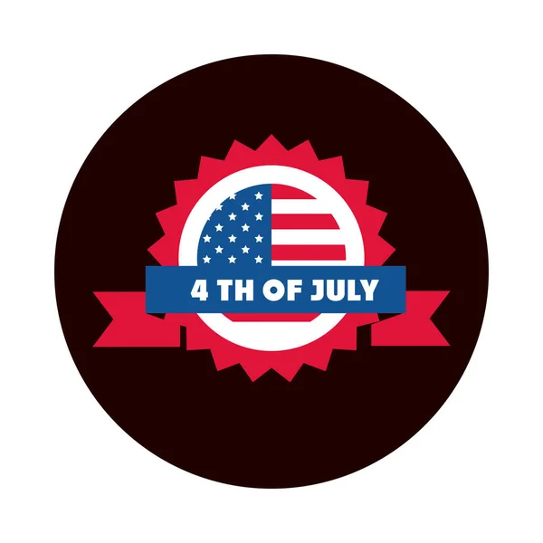 4 juillet fête de l'indépendance, drapeau américain insigne ruban fête bloc et icône de style plat — Image vectorielle