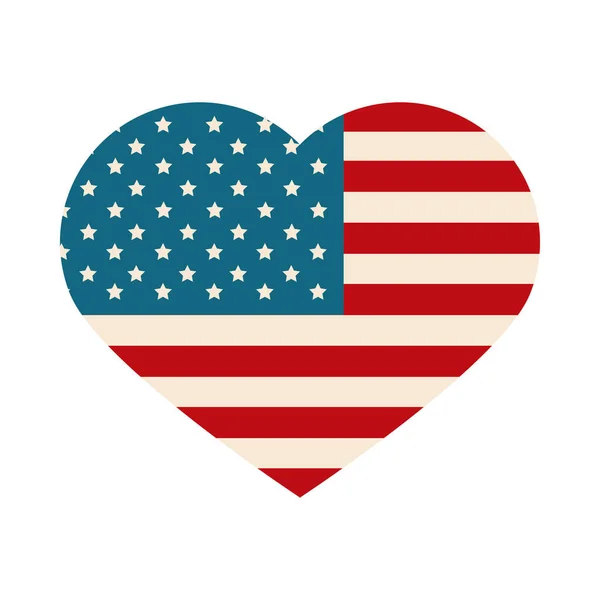 Szczęśliwy dzień niepodległości, amerykańska flaga w kształcie serca miłość naród płaski styl ikona — Wektor stockowy