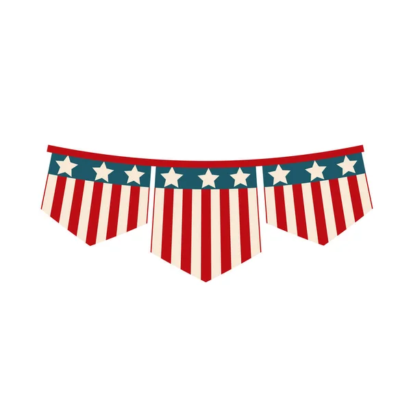 Boldog függetlenség napja, amerikai zászló buntings dekoráció ünneplés nemzeti lapos ikon — Stock Vector