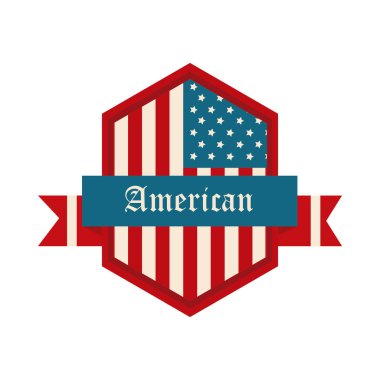 Bağımsızlık Gününüz kutlu olsun, kalkanda Amerikan bayrağı. Pankart tasarımı düz stil ikonu.