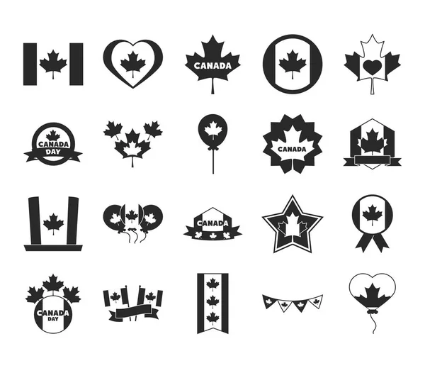 Canada day, independence freedom national patriotism celebration icons set silhouette style icon — Stock Vector