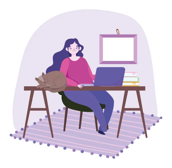 Arbeit aus der Ferne, junge Frau mit Laptop und Katze bei der Schreibtischarbeit — Stockvektor