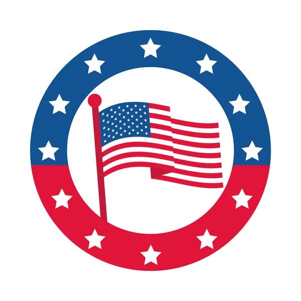 4 juli onafhankelijkheidsdag, Amerikaanse vlag in pole stars badge flat style icoon — Stockvector