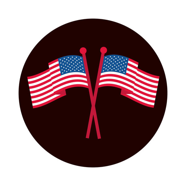 4 июля День независимости, скрещенные американские флаги блок национальных символов и икона плоского стиля
