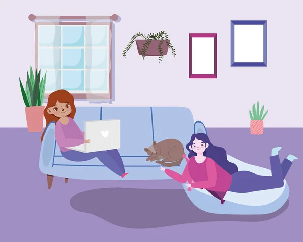Junge Frauen mit Laptop auf Sofa und Mädchen im Bohnenstuhl — Stockvektor