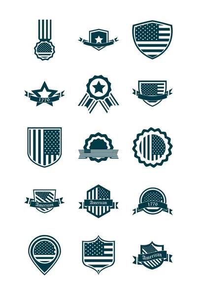 Happy independence day, american flag national freedom patriotism icons set silhouette style — Stock Vector