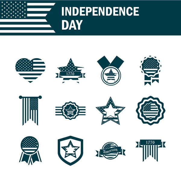 Happy independence day, american flag national freedom patriotism icons set silhouette style — Stock Vector