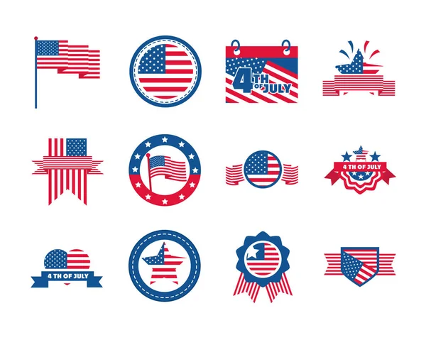 4th of july independence day, celebration honor memorial american flag icons set flat style icon — Stock Vector