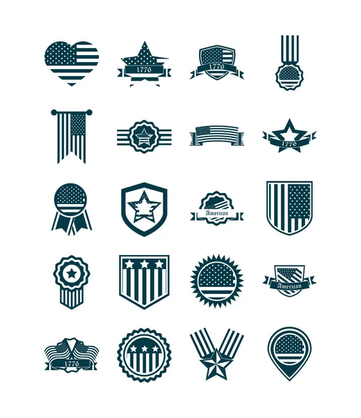 Heureux jour de l'indépendance, drapeau américain la liberté nationale patriotisme icônes ensemble silhouette style — Image vectorielle