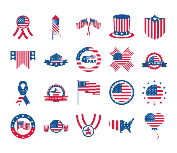4th of july independence day, celebration honor memorial american flag icons set flat style icon — Stock Vector