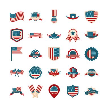 Bağımsızlık gününüz kutlu olsun, Amerikan bayrağı ulusal özgürlük ikonları düz bir şekilde dizildi.