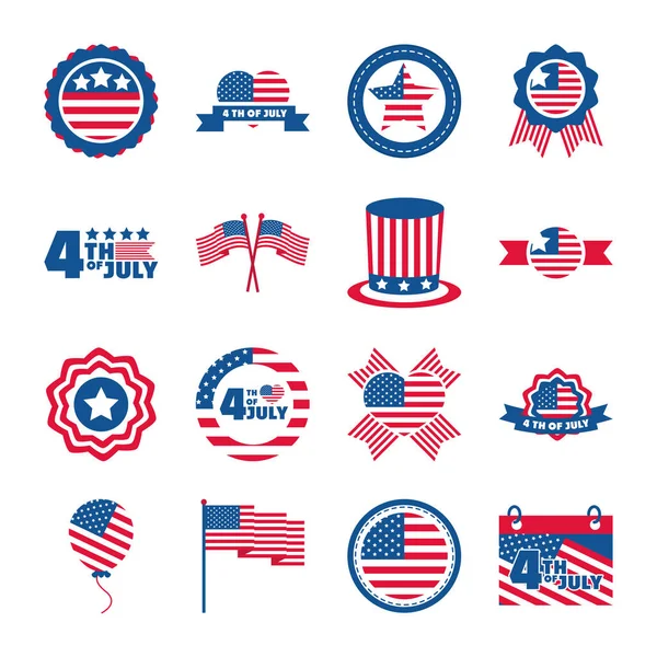 4 de julio día de la independencia, la celebración de honor conmemorativo de la bandera americana iconos conjunto icono de estilo plano — Vector de stock