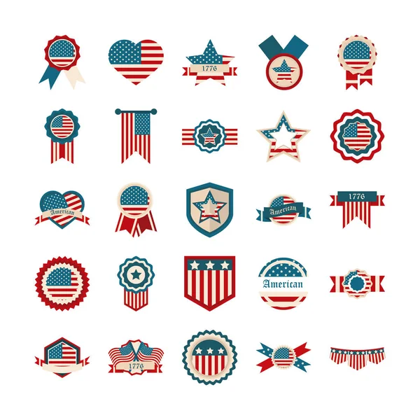 Feliz día de la independencia, bandera americana patriotismo libertad nacional iconos conjunto de estilo plano — Vector de stock